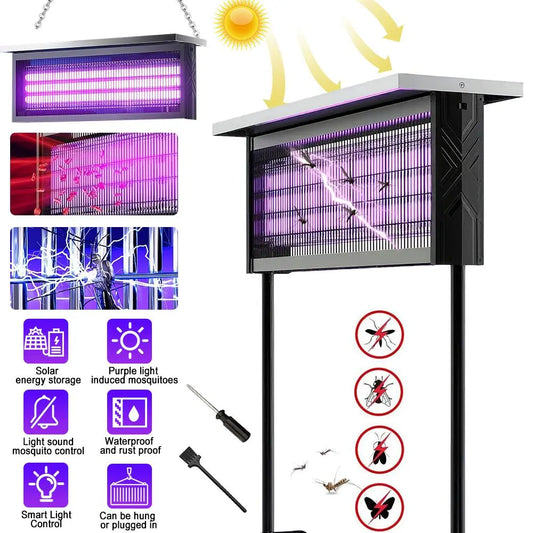 Solar Outdoor Insect Zapper Lamp | 20W Waterproof Mosquito Killer with 3 UV Tubes, Dual Charging, 6000mAh Battery for Gardens, Patios & Farms
