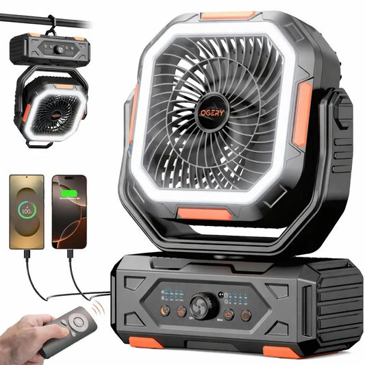 OGERY 2026 Newly Upgraded Camping Fan | 30000mAh Large Capacity Rechargeable Fan with LED Light, 270° Adjustable Pivot & Remote Controlled Auto Oscillation, Portable Desk Fan for Tent, Travel, Home & All Outdoor Activities
