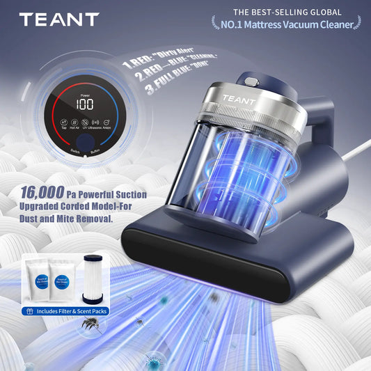 Teant UV-C Mattress Vacuum for Dust Mites | 16kPa Powerful Suction, 149°F Hot Air Sanitiser with LED Display, Anion & Aroma Function, HEPA Filter for Pet Hair on Beds and Sofas