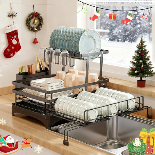 Foldable Over Sink Dish Drainer | Pull-Out 2-Tier Rack with Cutlery Holder, Space-Saving Kitchen Organiser for Small Kitchens