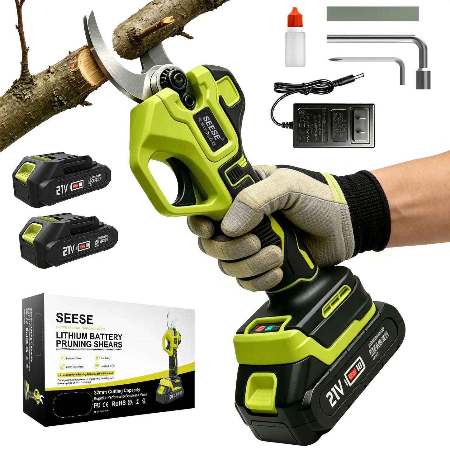 SEESE Cordless Electric Garden Pruning Shears, 1.25 Inch Cutting Capacity Brushless Power Pruner with Dual 21V Batteries, Ideal for Trimming Trees, Shrubs & Flower Bushes