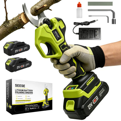 SEESE Cordless Electric Garden Pruning Shears, 1.25 Inch Cutting Capacity Brushless Power Pruner with Dual 21V Batteries, Ideal for Trimming Trees, Shrubs & Flower Bushes