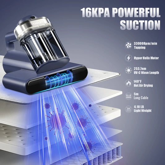 Teant UV-C Mattress Vacuum for Dust Mites | 16kPa Powerful Suction, 149°F Hot Air Sanitiser with LED Display, Anion & Aroma Function, HEPA Filter for Pet Hair on Beds and Sofas