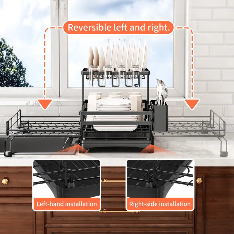 Foldable Over Sink Dish Drainer | Pull-Out 2-Tier Rack with Cutlery Holder, Space-Saving Kitchen Organiser for Small Kitchens