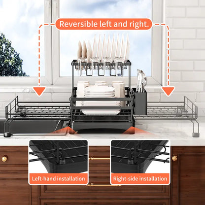 Foldable Over Sink Dish Drainer | Pull-Out 2-Tier Rack with Cutlery Holder, Space-Saving Kitchen Organiser for Small Kitchens