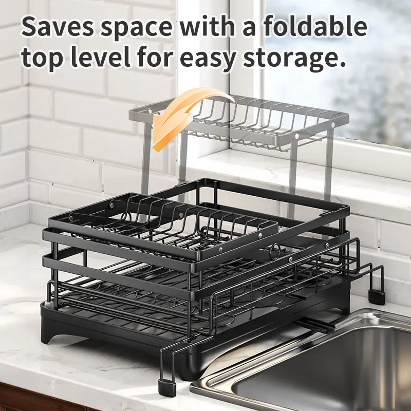 Foldable Over Sink Dish Drainer | Pull-Out 2-Tier Rack with Cutlery Holder, Space-Saving Kitchen Organiser for Small Kitchens
