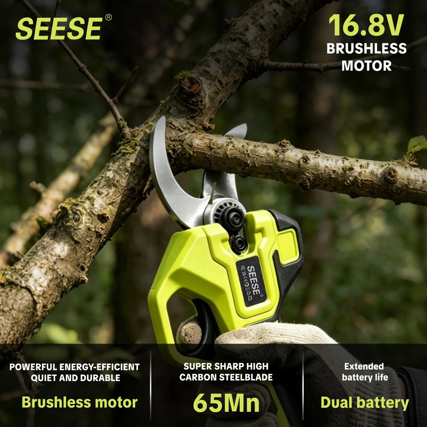SEESE Cordless Electric Garden Pruning Shears, 1.25 Inch Cutting Capacity Brushless Power Pruner with Dual 21V Batteries, Ideal for Trimming Trees, Shrubs & Flower Bushes