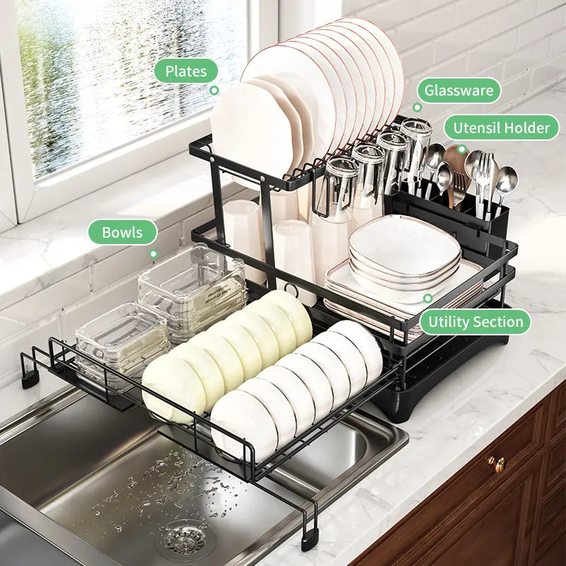 Foldable Over Sink Dish Drainer | Pull-Out 2-Tier Rack with Cutlery Holder, Space-Saving Kitchen Organiser for Small Kitchens