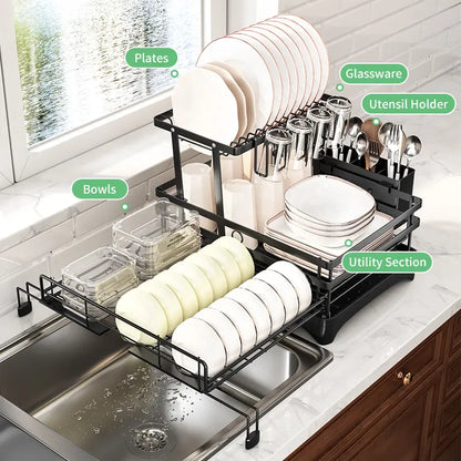 Foldable Over Sink Dish Drainer | Pull-Out 2-Tier Rack with Cutlery Holder, Space-Saving Kitchen Organiser for Small Kitchens