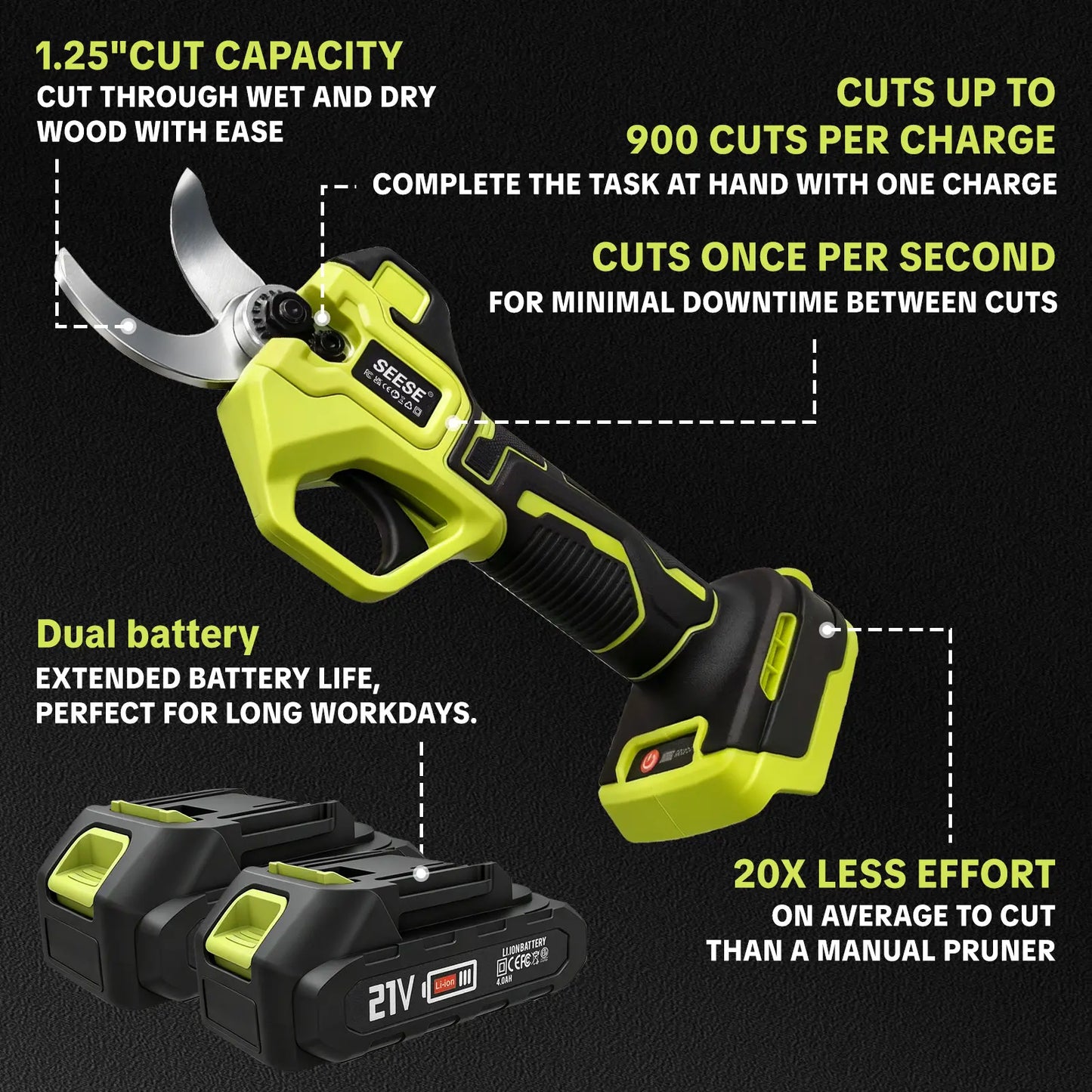SEESE Cordless Electric Garden Pruning Shears, 1.25 Inch Cutting Capacity Brushless Power Pruner with Dual 21V Batteries, Ideal for Trimming Trees, Shrubs & Flower Bushes