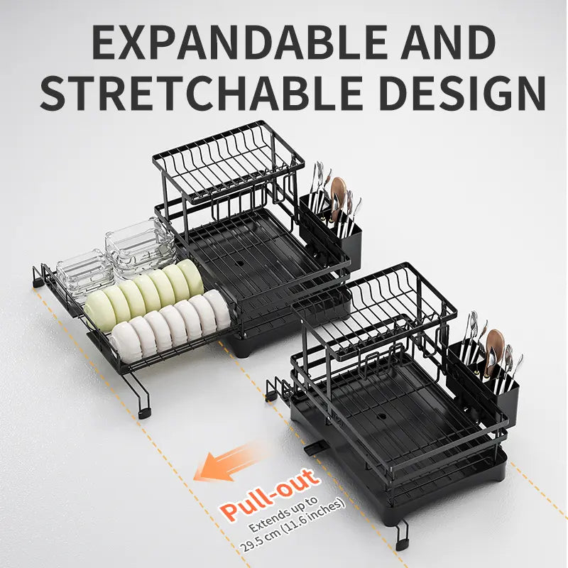 Foldable Over Sink Dish Drainer | Pull-Out 2-Tier Rack with Cutlery Holder, Space-Saving Kitchen Organiser for Small Kitchens