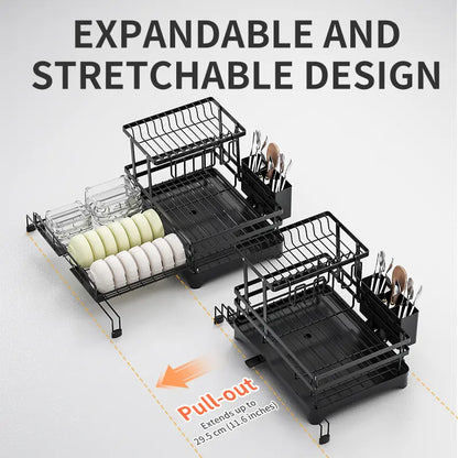 Foldable Over Sink Dish Drainer | Pull-Out 2-Tier Rack with Cutlery Holder, Space-Saving Kitchen Organiser for Small Kitchens