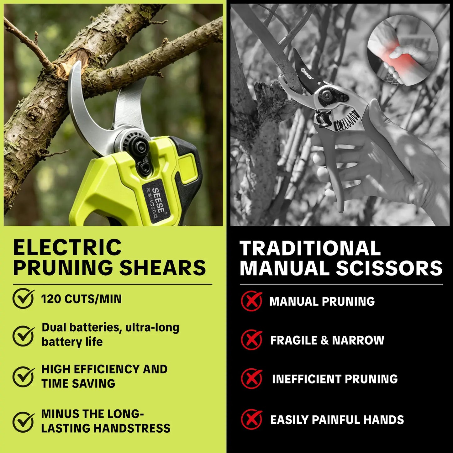 SEESE Cordless Electric Garden Pruning Shears, 1.25 Inch Cutting Capacity Brushless Power Pruner with Dual 21V Batteries, Ideal for Trimming Trees, Shrubs & Flower Bushes