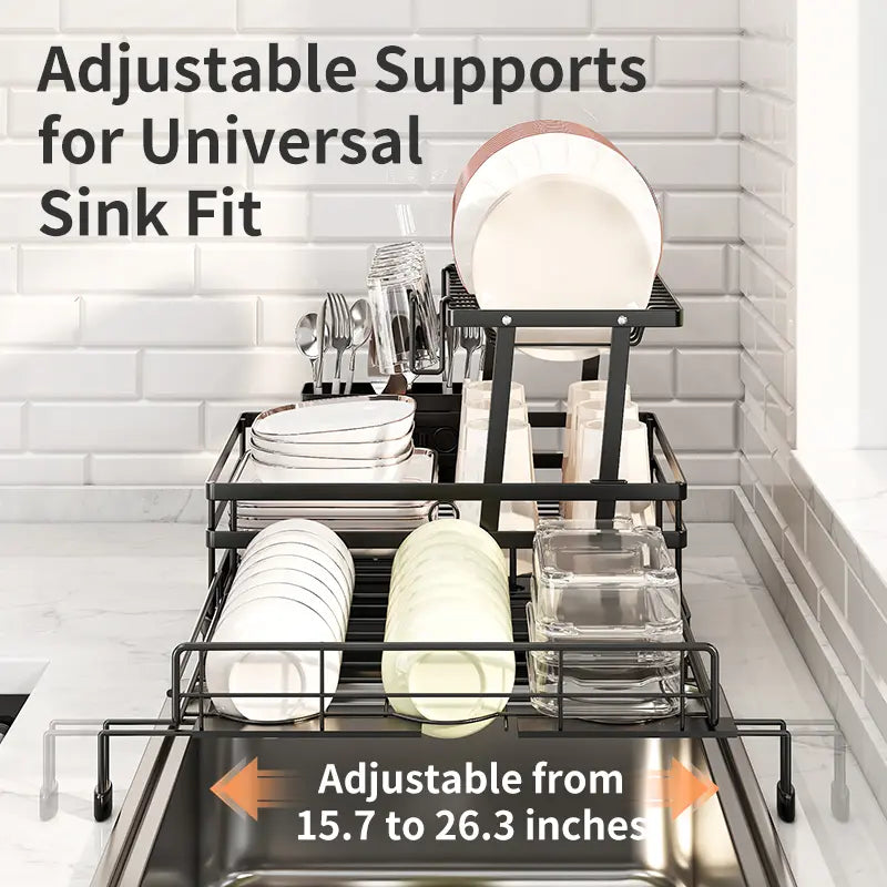 Foldable Over Sink Dish Drainer | Pull-Out 2-Tier Rack with Cutlery Holder, Space-Saving Kitchen Organiser for Small Kitchens