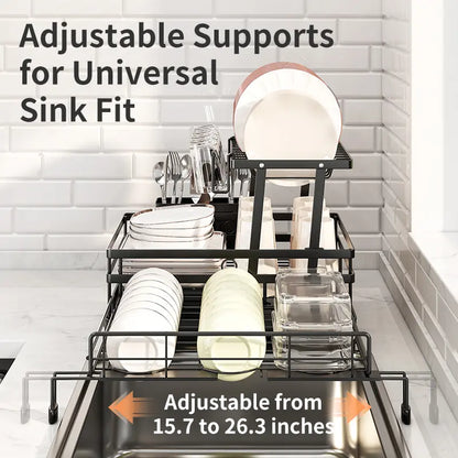 Foldable Over Sink Dish Drainer | Pull-Out 2-Tier Rack with Cutlery Holder, Space-Saving Kitchen Organiser for Small Kitchens
