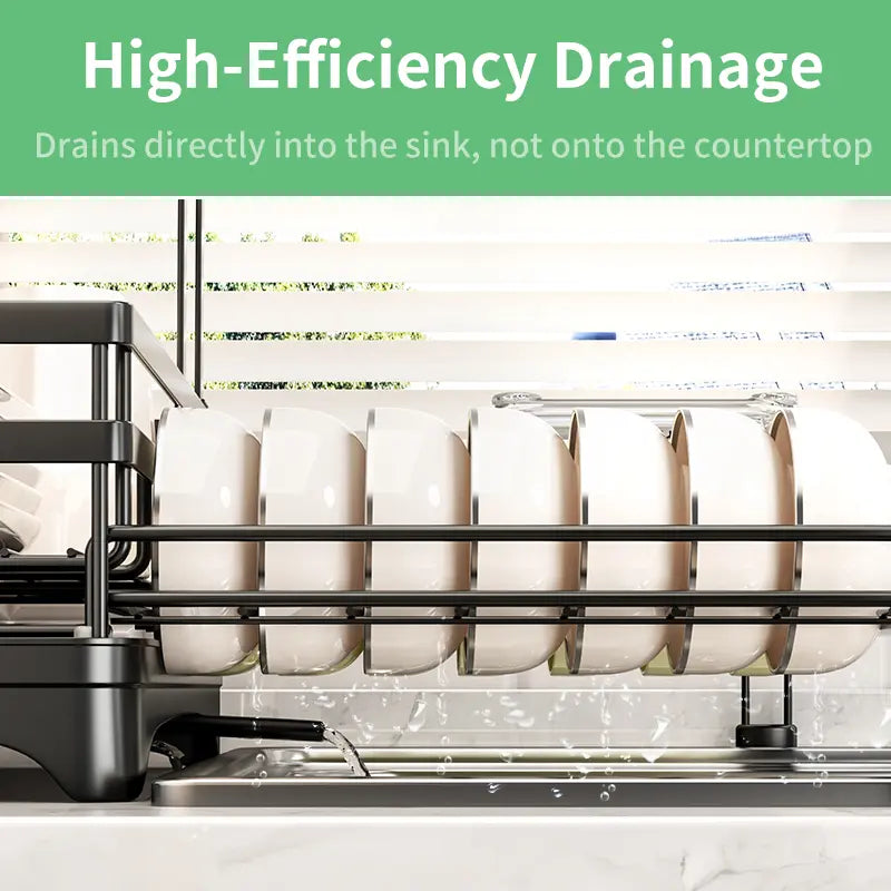 Foldable Over Sink Dish Drainer | Pull-Out 2-Tier Rack with Cutlery Holder, Space-Saving Kitchen Organiser for Small Kitchens