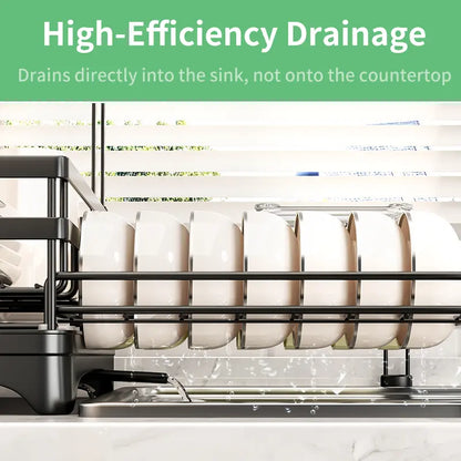 Foldable Over Sink Dish Drainer | Pull-Out 2-Tier Rack with Cutlery Holder, Space-Saving Kitchen Organiser for Small Kitchens