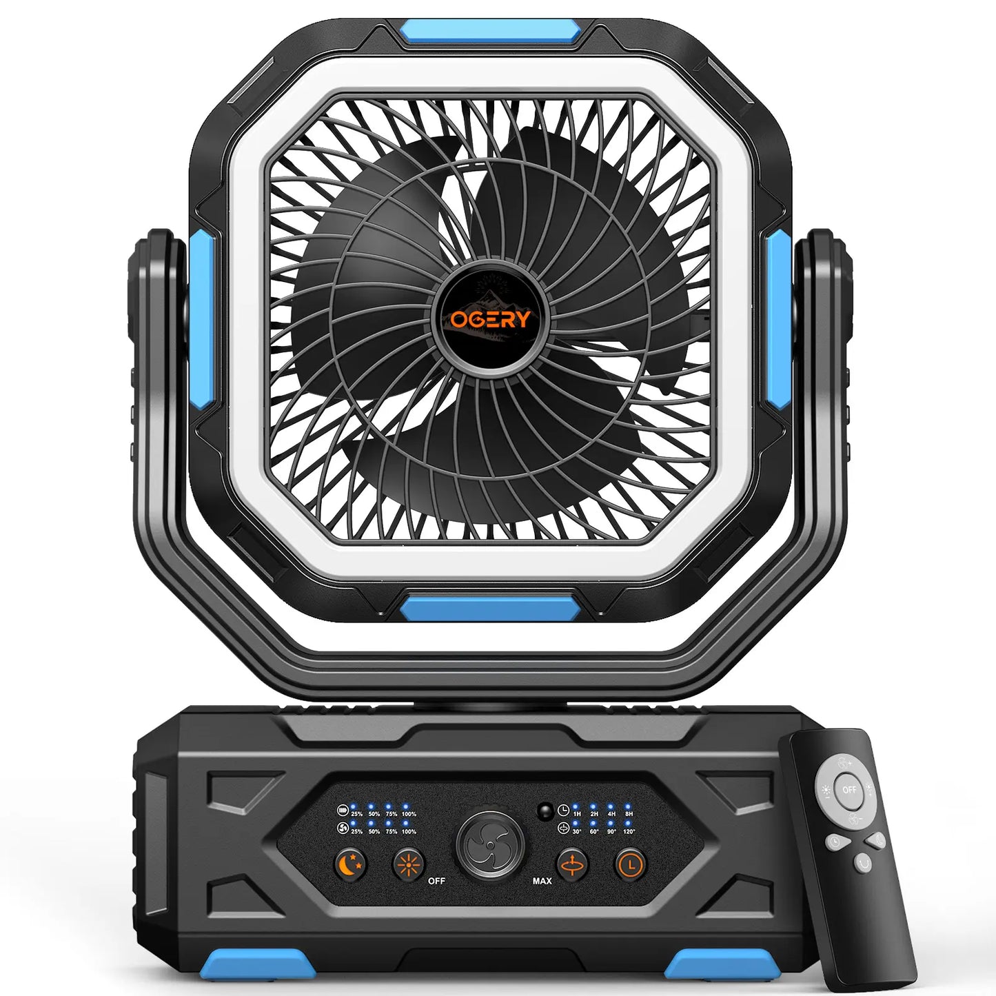 OGERY 2026 Newly Upgraded Camping Fan | 30000mAh Large Capacity Rechargeable Fan with LED Light, 270° Adjustable Pivot & Remote Controlled Auto Oscillation, Portable Desk Fan for Tent, Travel, Home & All Outdoor Activities