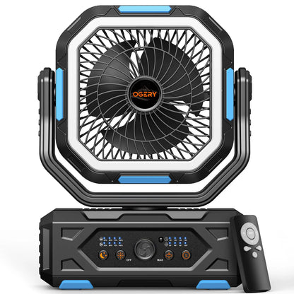 OGERY 2026 Newly Upgraded Camping Fan | 30000mAh Large Capacity Rechargeable Fan with LED Light, 270° Adjustable Pivot & Remote Controlled Auto Oscillation, Portable Desk Fan for Tent, Travel, Home & All Outdoor Activities
