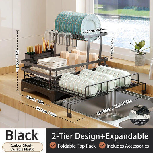 Foldable Over Sink Dish Drainer | Pull-Out 2-Tier Rack with Cutlery Holder, Space-Saving Kitchen Organiser for Small Kitchens