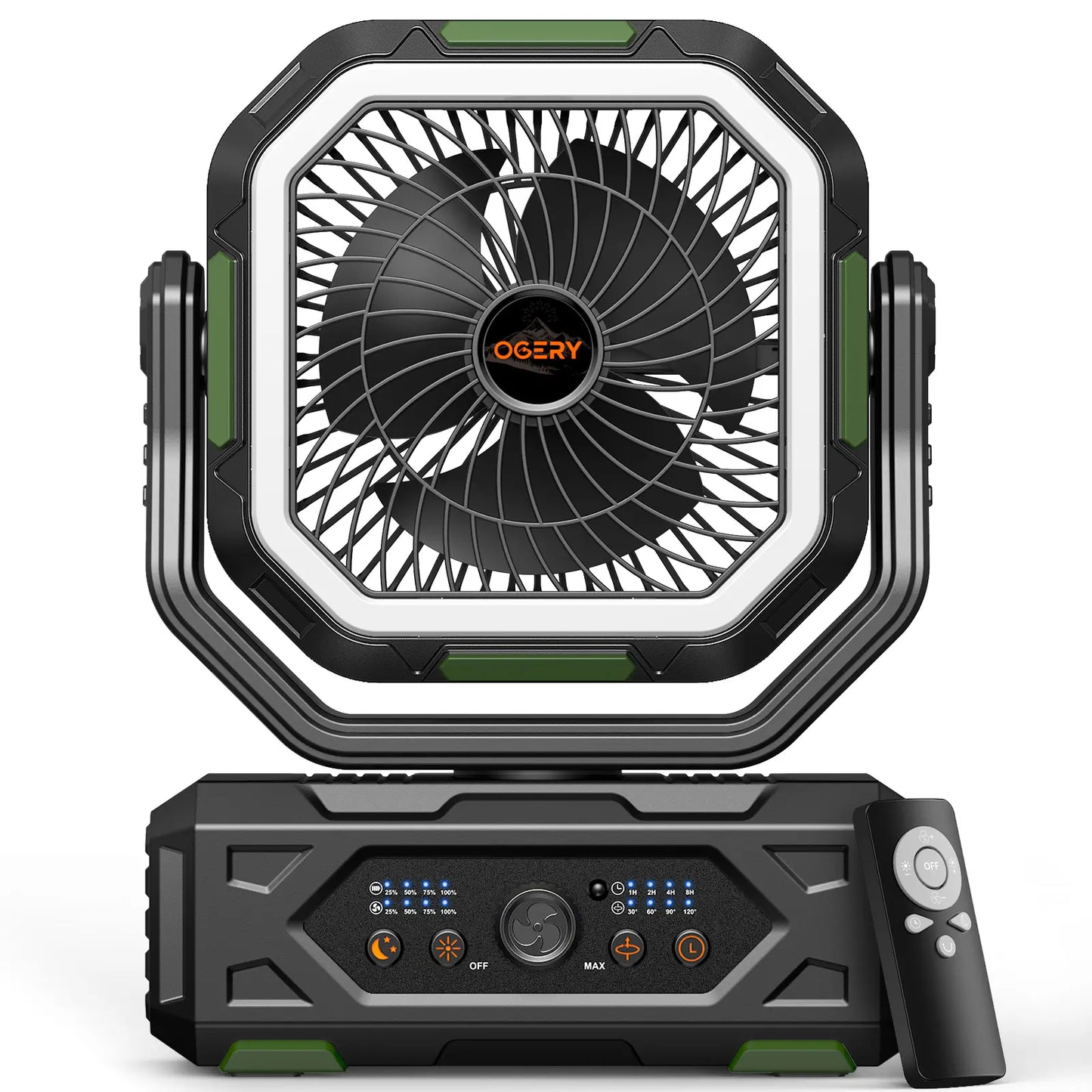 OGERY 2026 Newly Upgraded Camping Fan | 30000mAh Large Capacity Rechargeable Fan with LED Light, 270° Adjustable Pivot & Remote Controlled Auto Oscillation, Portable Desk Fan for Tent, Travel, Home & All Outdoor Activities