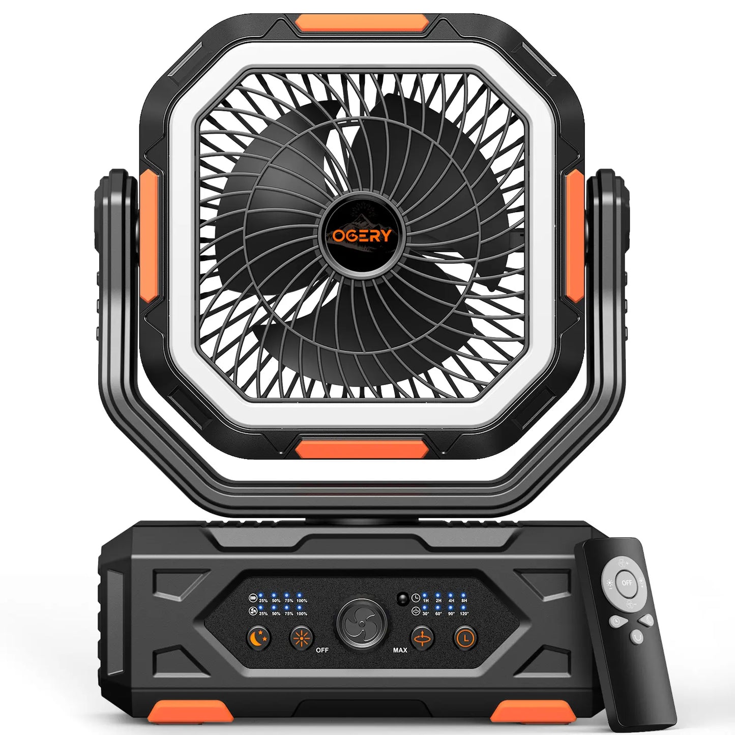 OGERY 2026 Newly Upgraded Camping Fan | 30000mAh Large Capacity Rechargeable Fan with LED Light, 270° Adjustable Pivot & Remote Controlled Auto Oscillation, Portable Desk Fan for Tent, Travel, Home & All Outdoor Activities
