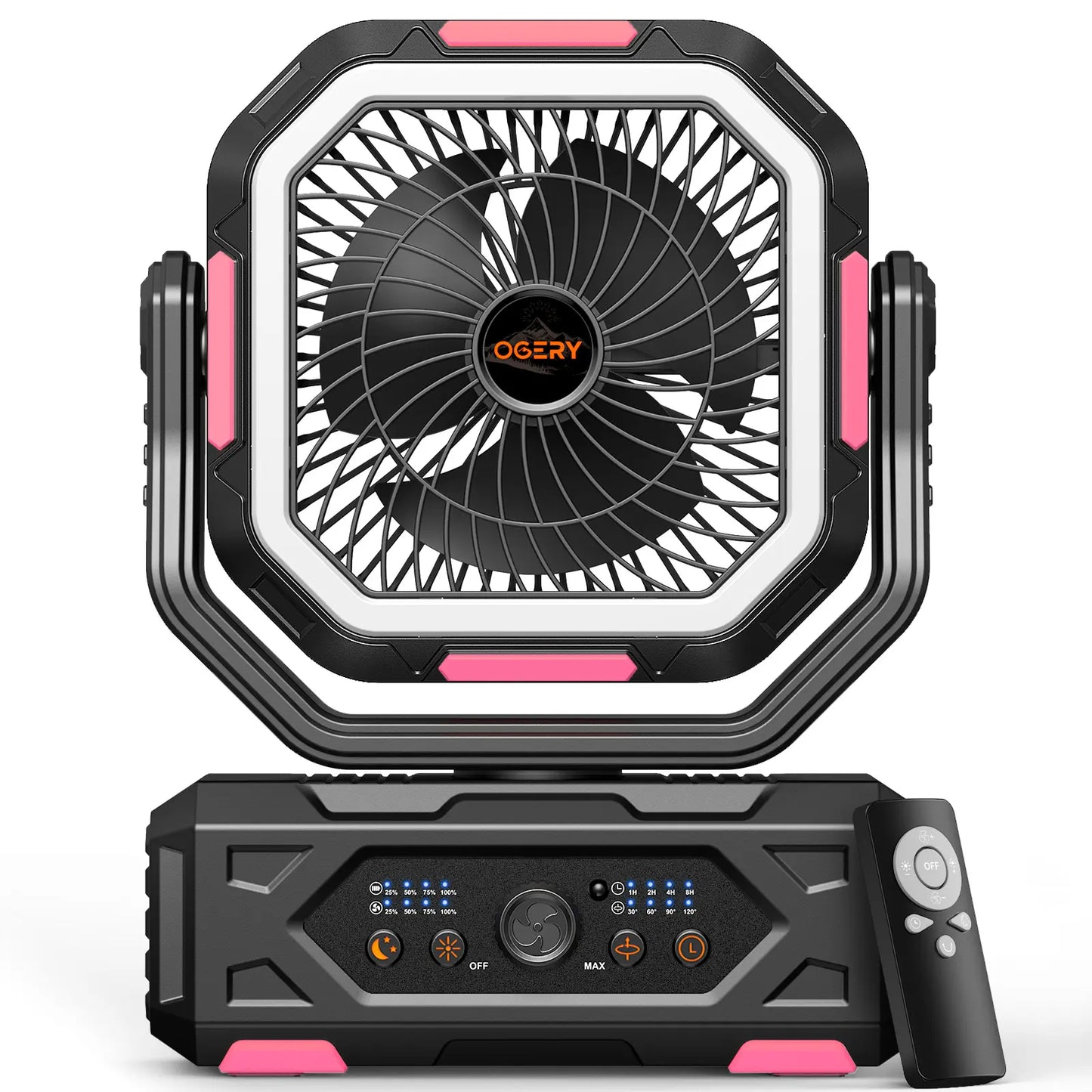 OGERY 2026 Newly Upgraded Camping Fan | 30000mAh Large Capacity Rechargeable Fan with LED Light, 270° Adjustable Pivot & Remote Controlled Auto Oscillation, Portable Desk Fan for Tent, Travel, Home & All Outdoor Activities