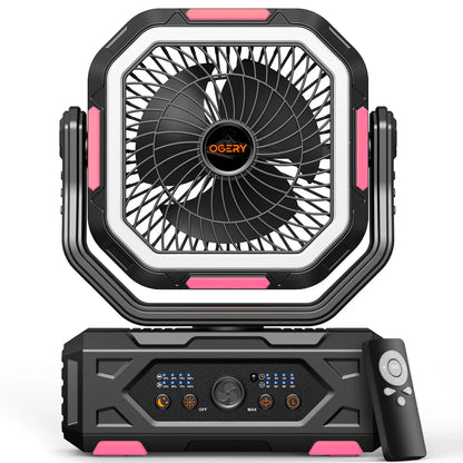 OGERY 2026 Newly Upgraded Camping Fan | 30000mAh Large Capacity Rechargeable Fan with LED Light, 270° Adjustable Pivot & Remote Controlled Auto Oscillation, Portable Desk Fan for Tent, Travel, Home & All Outdoor Activities